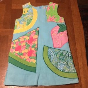 Adorable sleeveless Lilly Pulitzer with fruit appliqués and a lining. Maybe 3T?